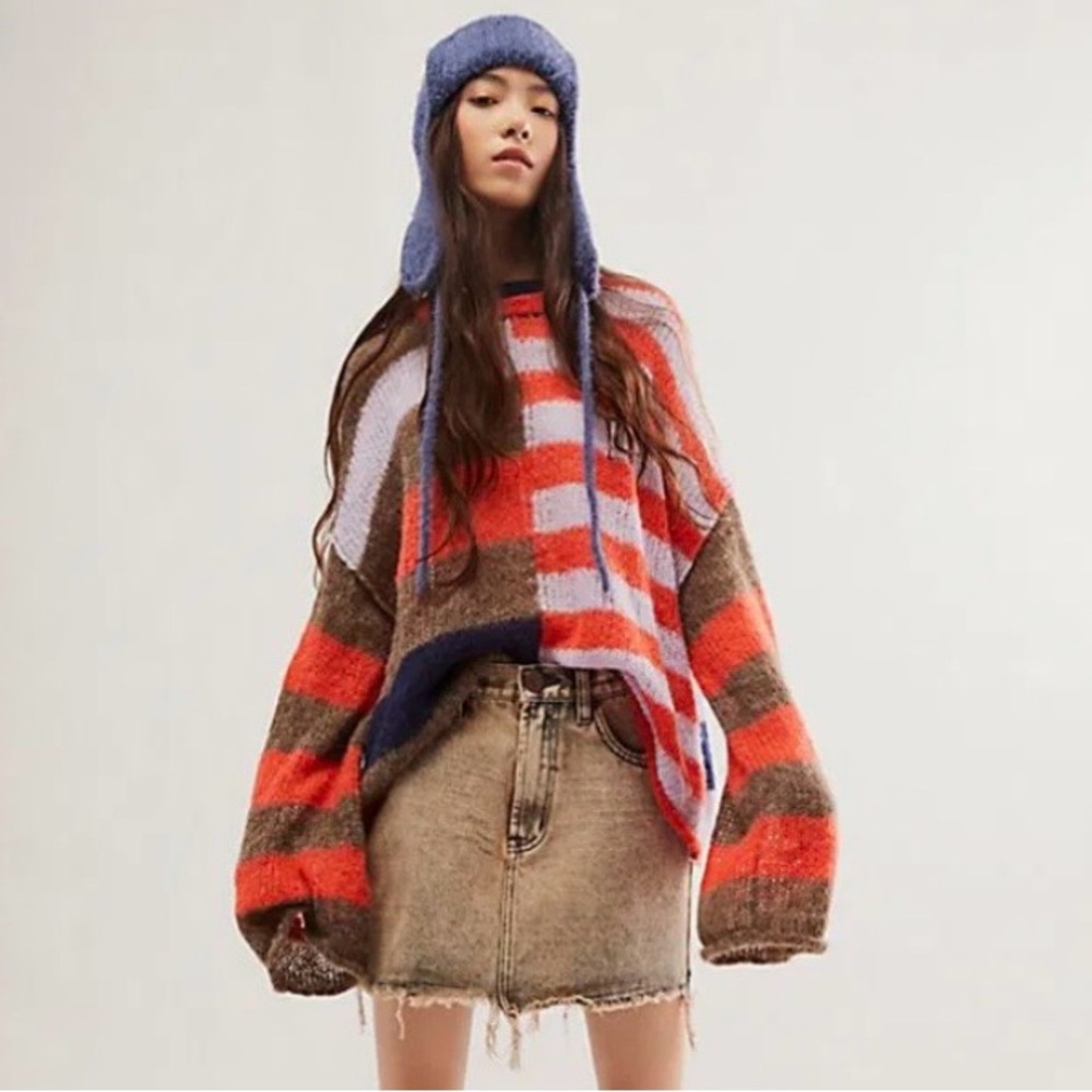 Free People Striped Crew-Neck Sweater in Red, Brown, Blue